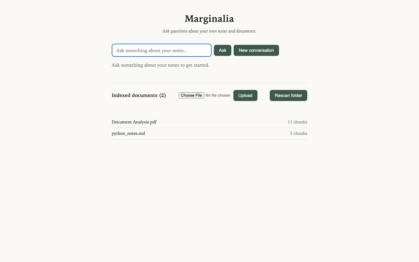 Marginalia landing page for asking questions about your notes and documents
