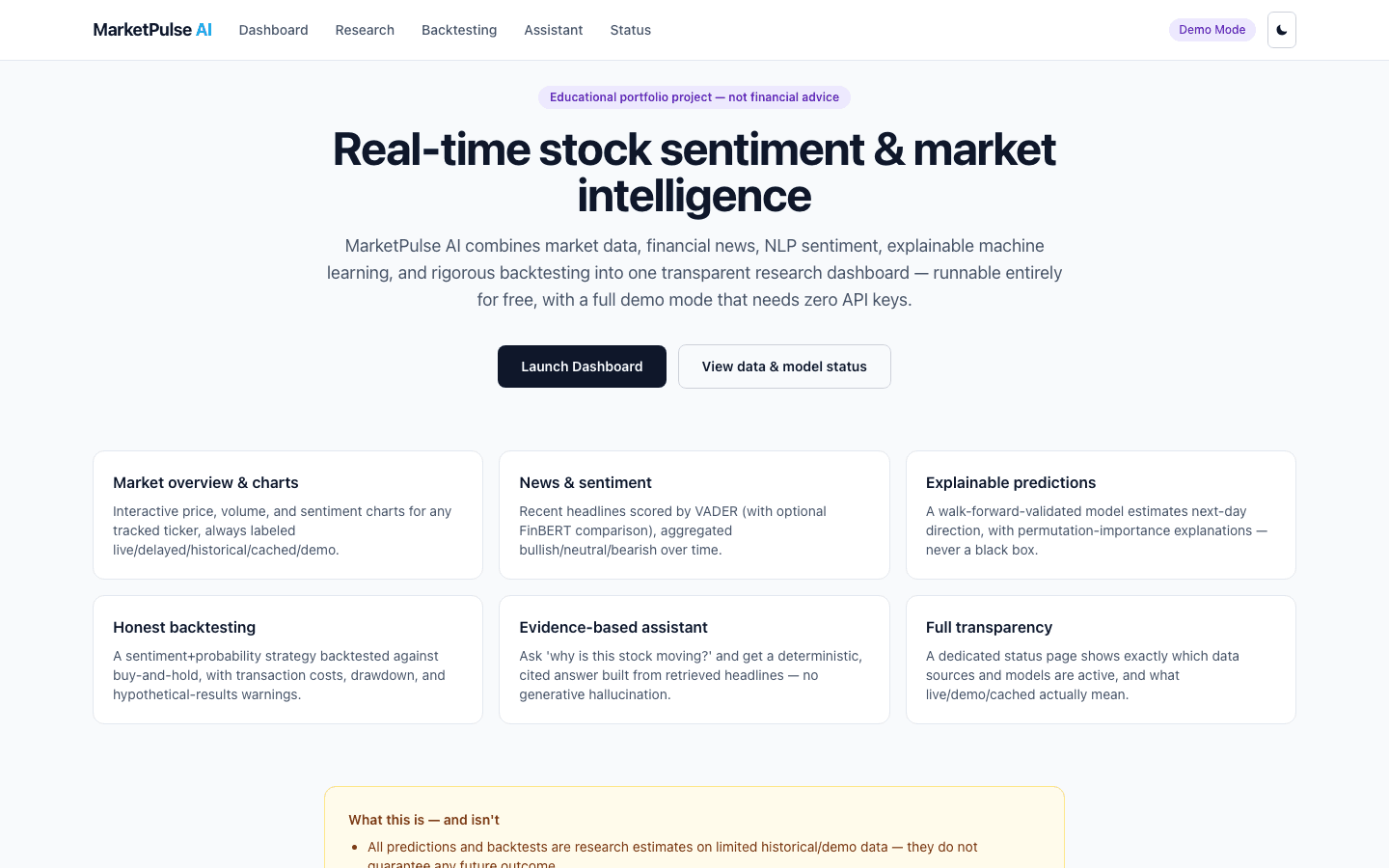 MarketPulse AI landing page describing its real-time sentiment and market intelligence features