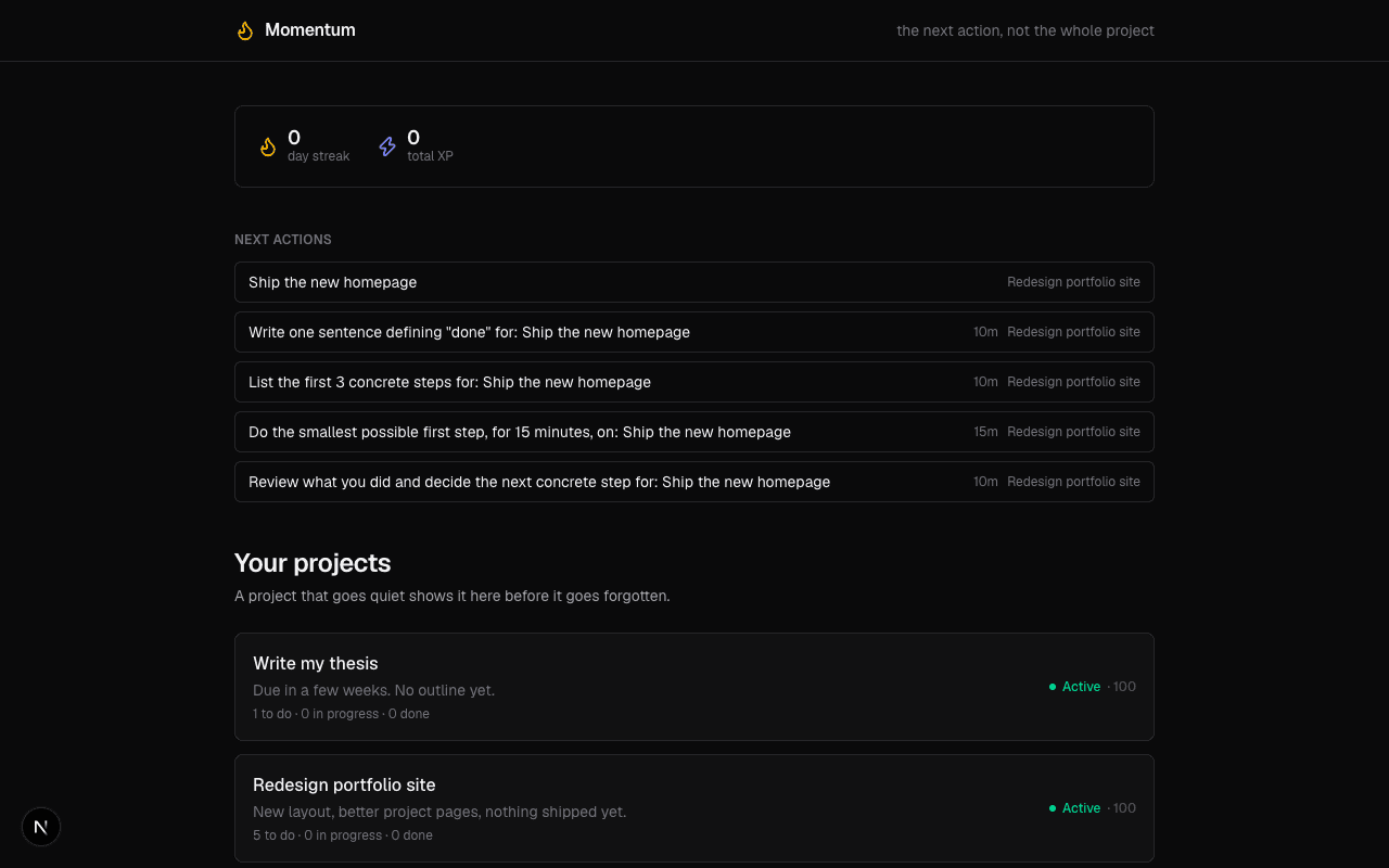 Momentum dashboard showing a day streak, total XP, a next-actions list, and two active projects with health status